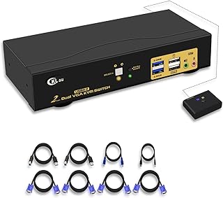 CKLau 2 Port USB 3.0 Dual Monitor VGA KVM Switch with Audio and Cables, 2 Monitors 2 Computers Video Keyboard Mouse Printer Peripheral Selector Sharing Switcher Box Support DDC, Hotkey Switching