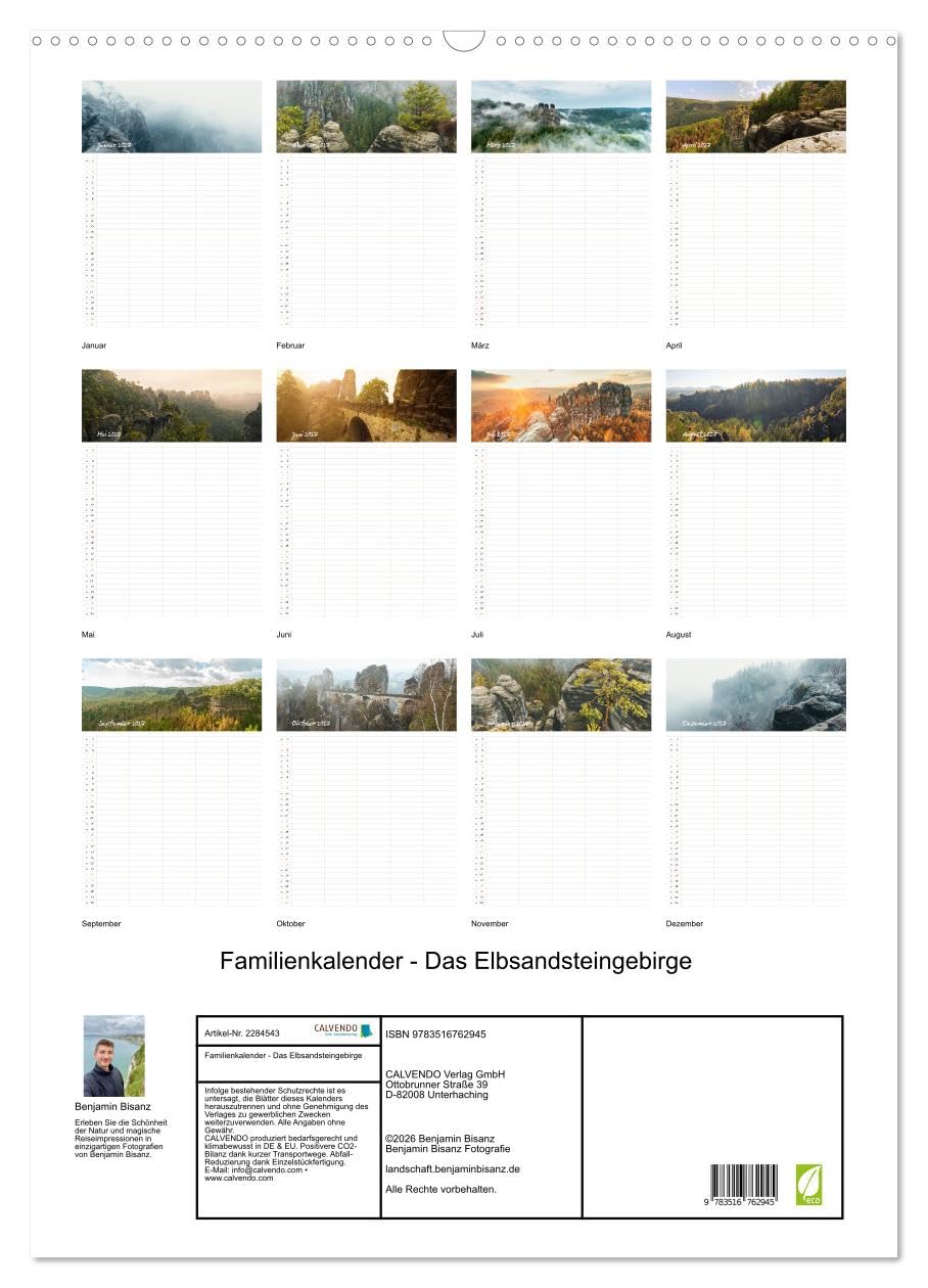 Familienkalender - Das Elbsandsteingebirge (Wandkalender 2027 DIN A2 hoch), CALVENDO Monatskalender: Entdecke die Sächsische & Böhmische Schweiz (CALVENDO Natur)