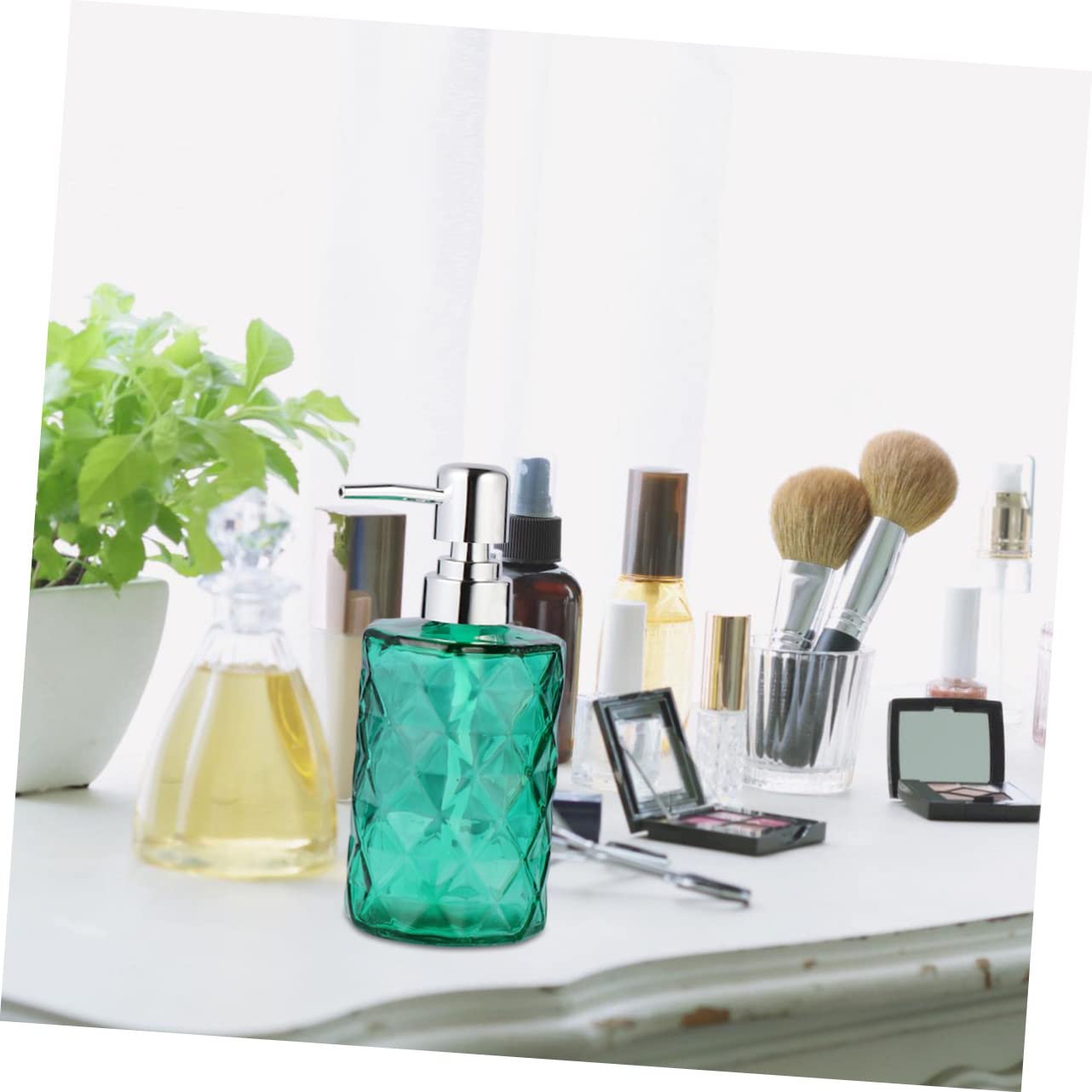 Flacone Dispenser Shampoo 330ml Verde in Vetro e Plastica, 2 Pezzi | Ampia Apertura per Ricarica Facile, Testina Pompa Removibile, Design Moderno Compatto