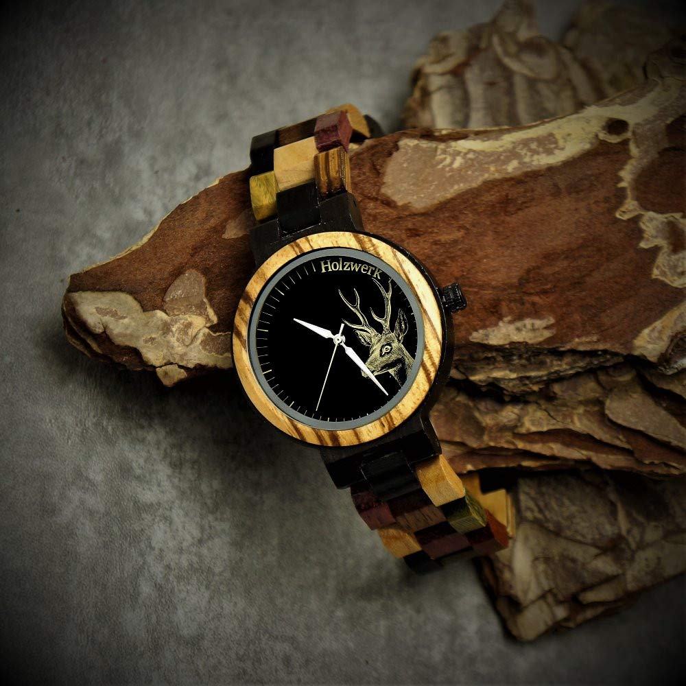 Holzwerk Germany Handgefertigte Damen-Uhr Öko Natur Holz-Uhr Holz Armband-Uhr Braun Schwarz Zebra Muster Analog Quarz-Uhr mit Hirsch Motiv (Bunt..)