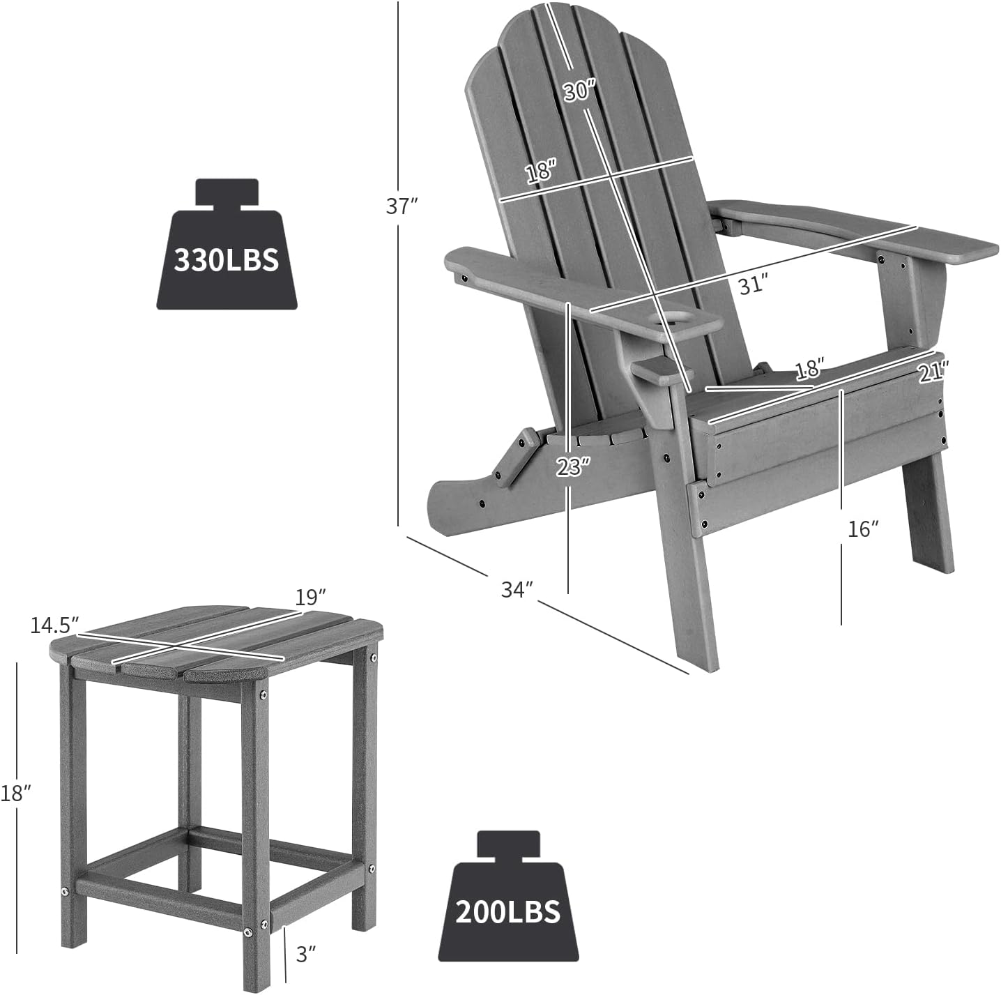 Giantex Adirondack Chair and Outdoor Side Table Set, HDPE Fire Pit Chair Set with Small End Table, Cup Holder, Lounge Set for Outside, Deck, Poolside, Backyard, Garden, Patio Chair Set, Grey