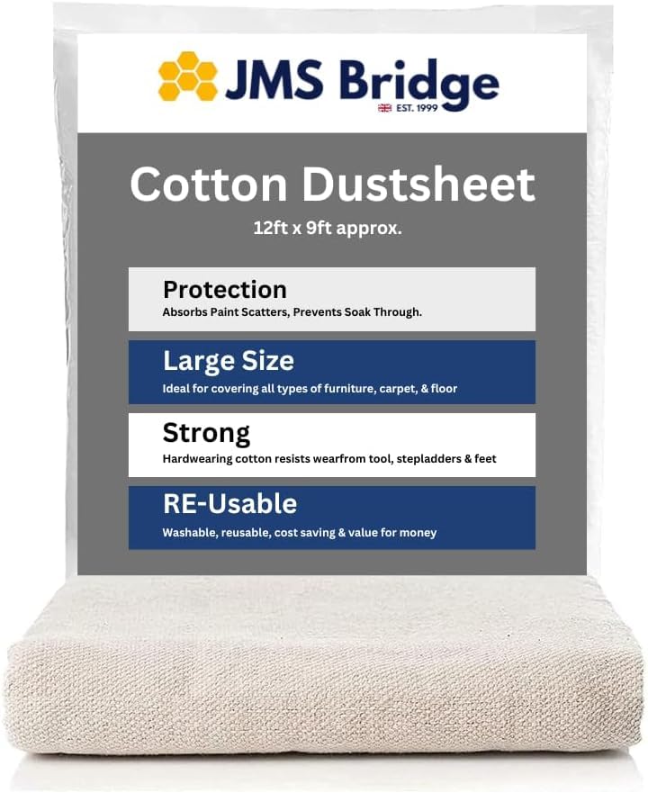 2 x Cotton Dust Sheets 12ft x 9ft (3.6m x 2.7m) Heavy Duty Washable & Reusable Drop Cloths Painting & Decorating Sheets for Furniture, Floors & Stairs – DIY Protection for Home Renovation