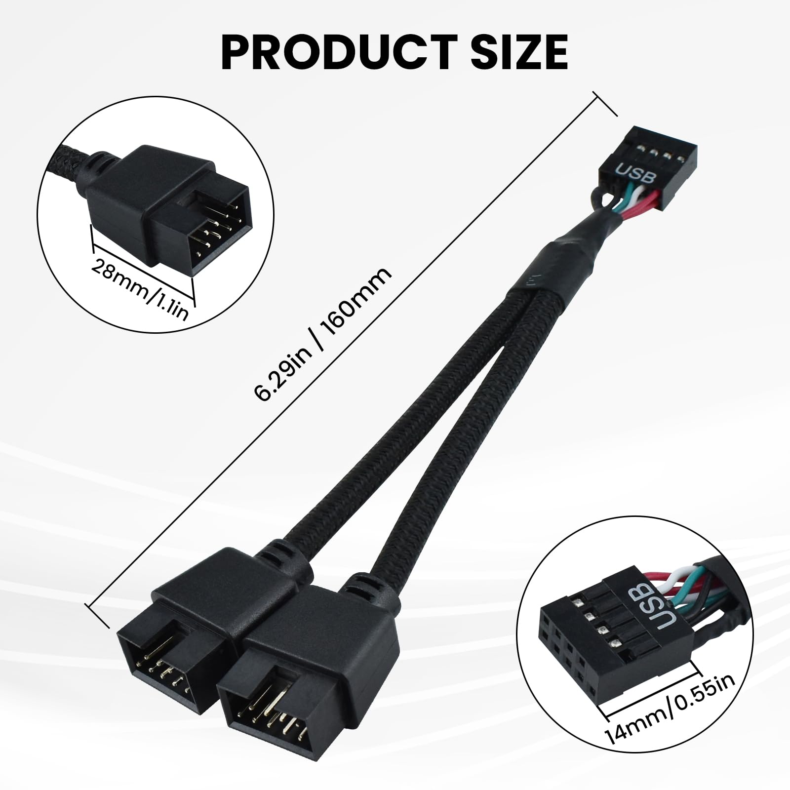 Pleciony nylonowy rozgałęźnik nagłówka USB 2.0, 9-pinowy kabel USB 2.0 na podwójny 9-pinowy, do komputera, płyty głównej, koncentratora USB, 2 sztuki, czarny
