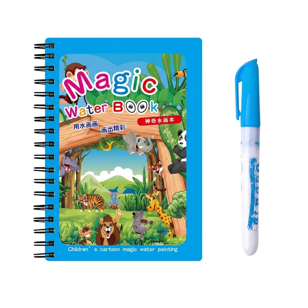 Paint With Water Books For Kids, 1 Pack Reusable Aqua Art Drawing Book Animal World Coloring Books For Kids Ages 4-8 Spiral Bound Magic Water Book For Toddlers Early Learning Travel Activity