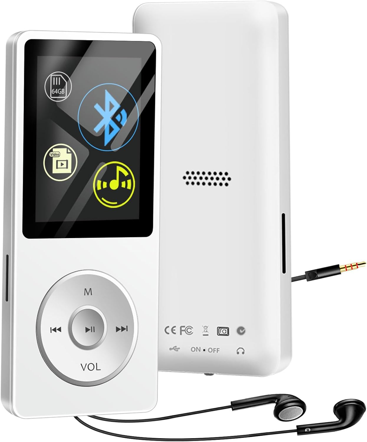 64GB MP3 Player with Bluetooth, Portable HiFi Lossless MP3 Music Players with Speaker and Earphones, Multifunctional Media Player with FM Radio, Up to 128GB Extension, Support Shuffle Playback