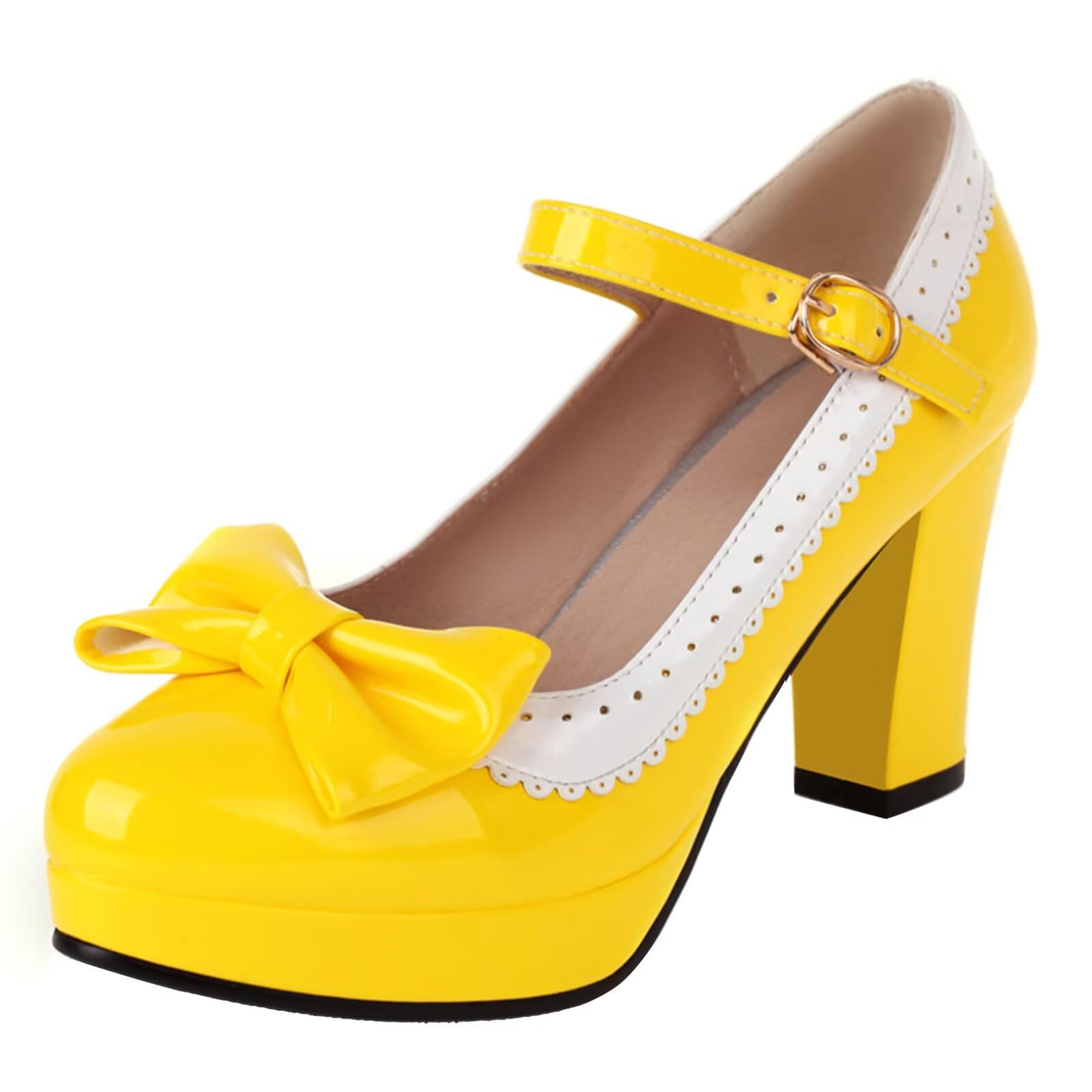 HSyc JRX Damen Damen Plateau High Heels Pumps mit Schleife und Blockabsatz Mary Jane Schuhe