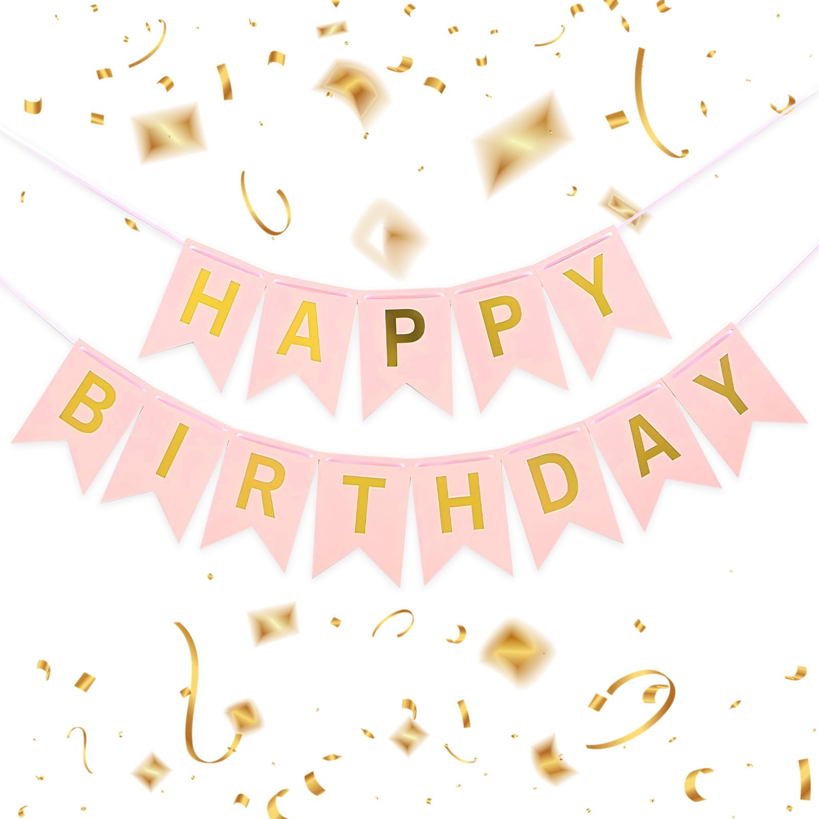 Pink Happy Birthday Banner - 16 ft Pre-Strung Gold &amp; Pink Birthday Party Decorations Sign for Girls, Boys, Kids, Women - No DIY Hanging Backdrop for Indoor &amp; Outdoor Celebrations