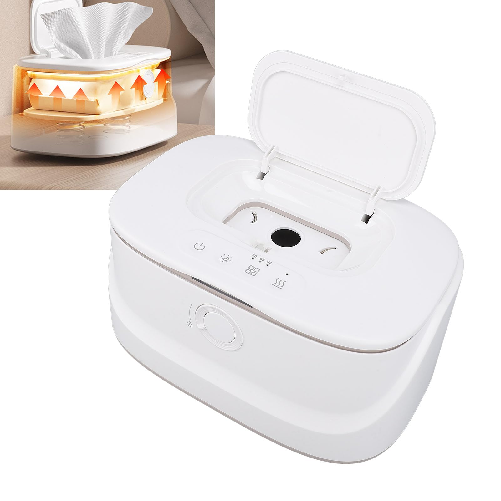 POENVFPO Chauffe-Lingettes avec Température Réglable et Veilleuse pour les Soins de la Maison et du bébé, Distributeur de Lingettes Humides alimenté par USB de Grande capacité, Conception à Ressort