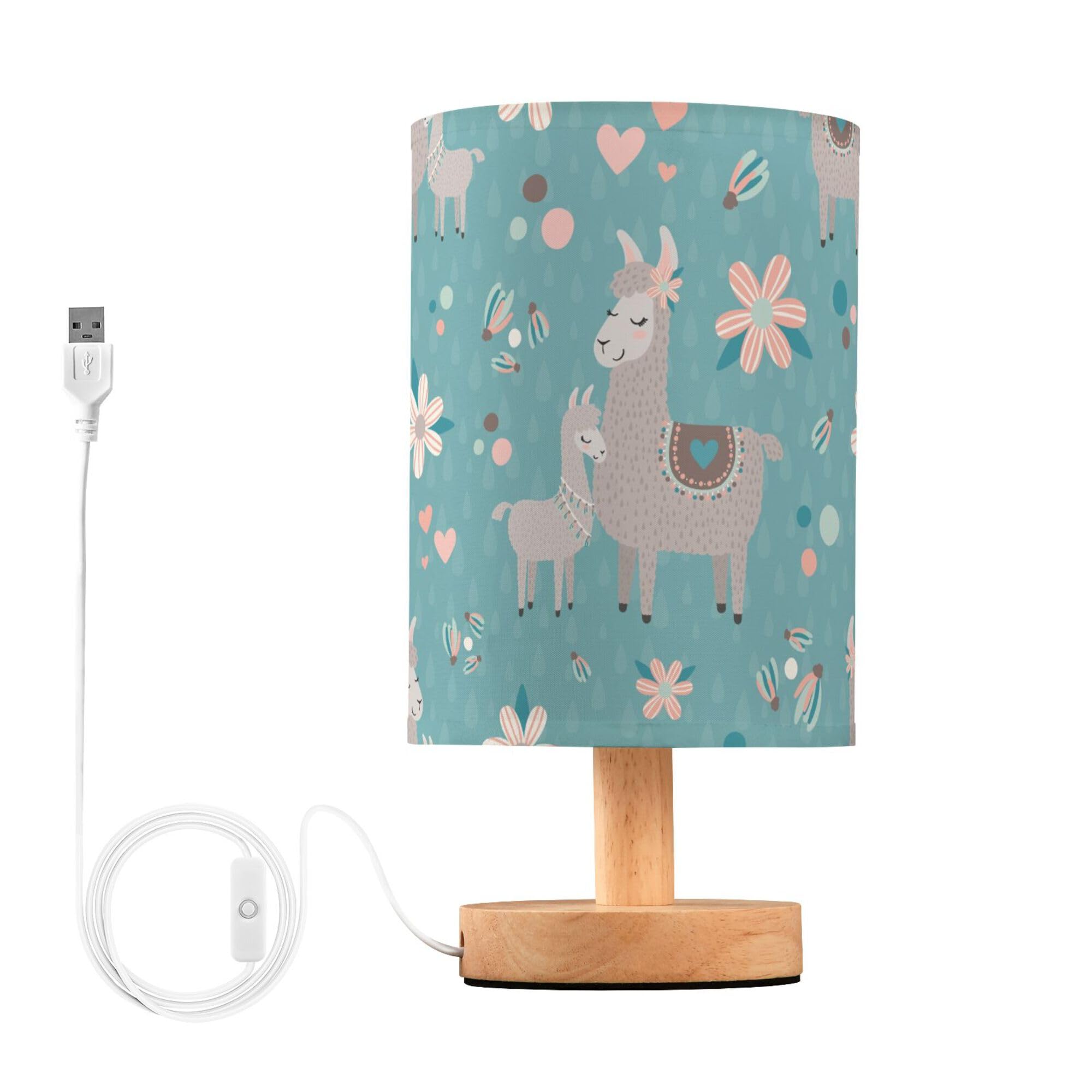 YYZZH Table Lamp Cute Alpaca Llama with Baby Flower Blue Rain Drop Pattern Nightstand Lamp with Wood Base Fabric Lamp Shade Bedside Desk Lamp for Living Room Bedroom Kids Room Office