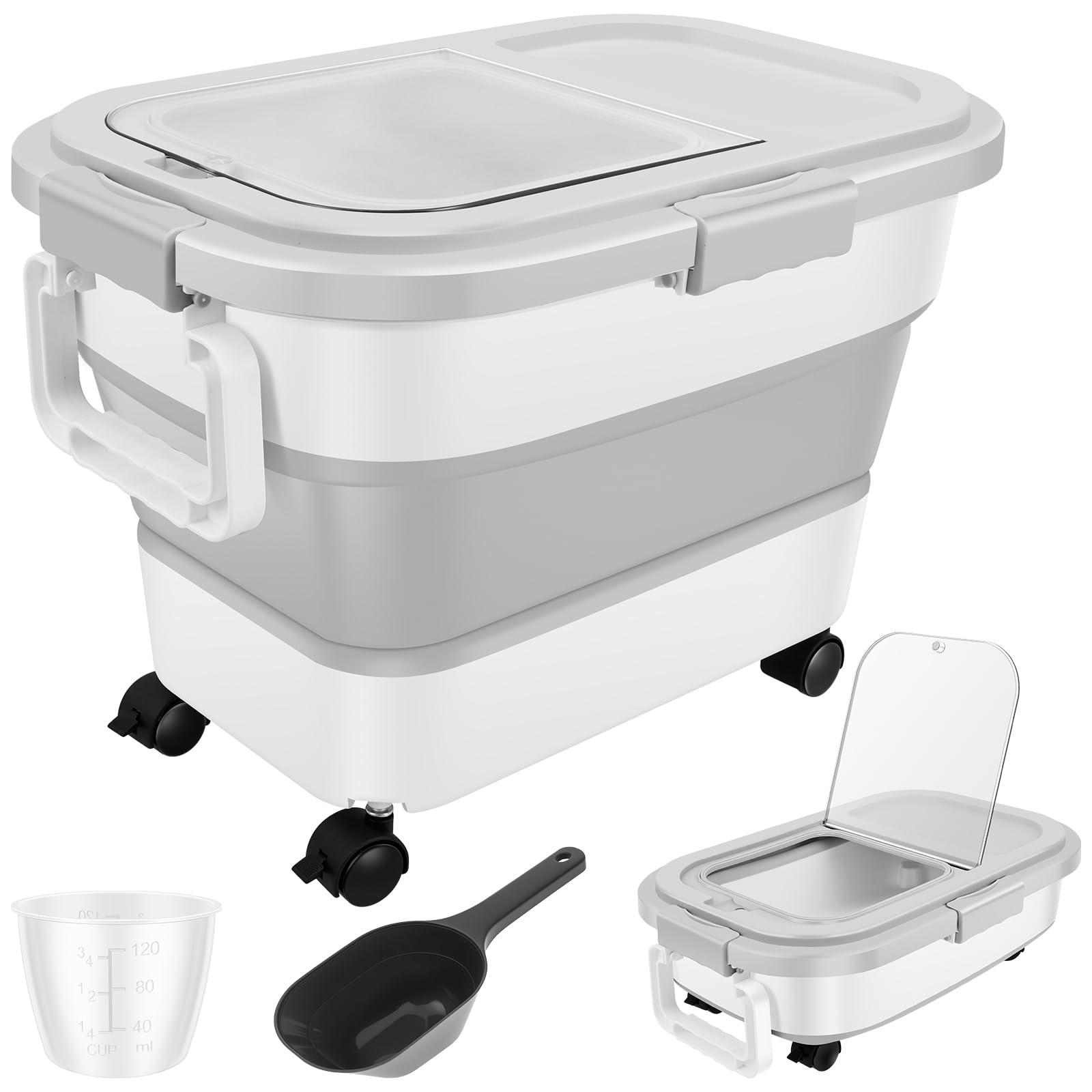 Zhjiutak Grey Dog Food Storage Container, Collapsible Pet Food Container With Casters, 15Kg Airtight Folding Dog Foods Bin With Scoop Measuring Cup For Flour Cereal Pet Treat