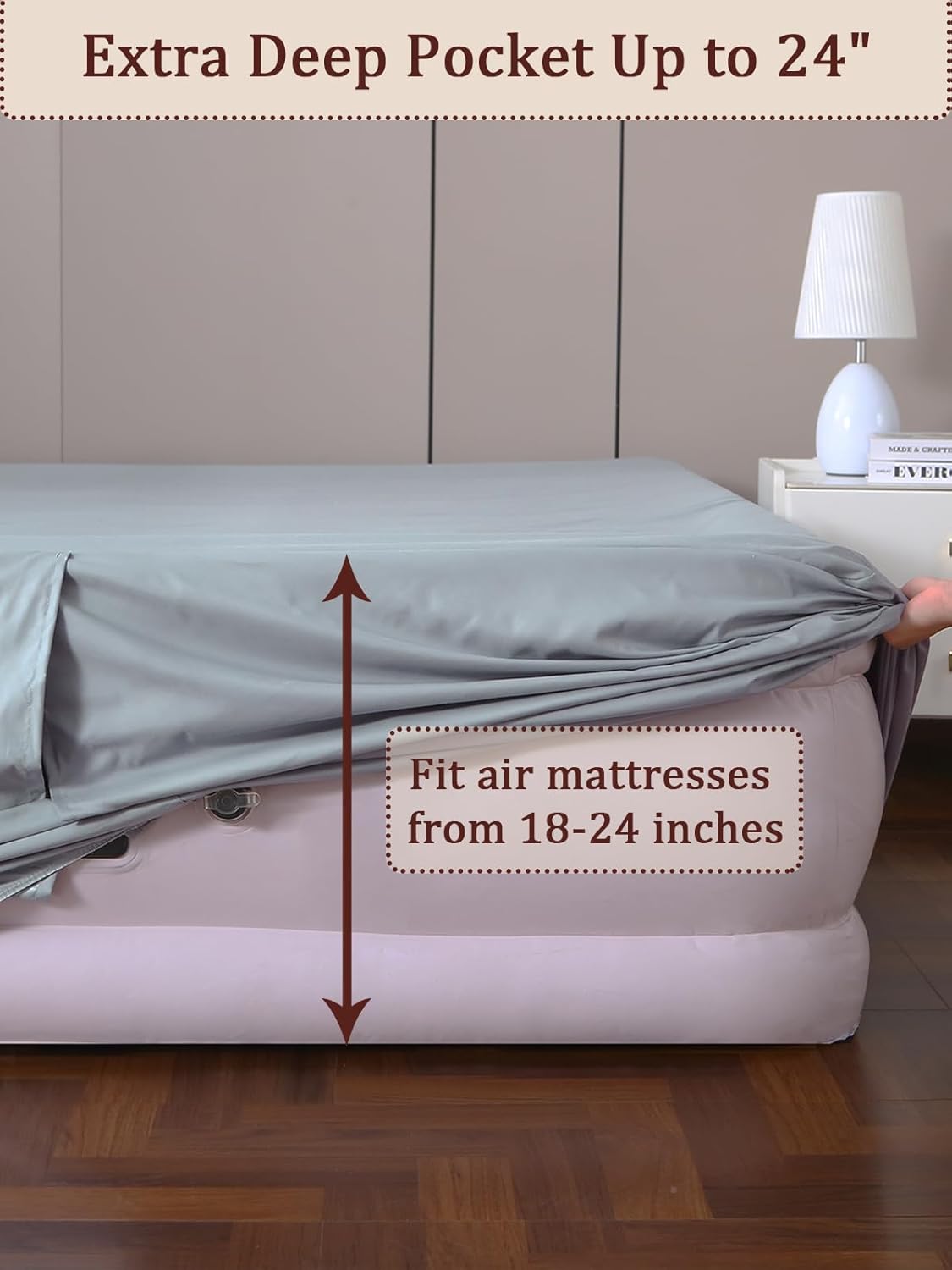 Twin Fitted Sheet for Air Mattress, with 18-24 Inch Extra Deep Pocket, Soft Breathable Air Bed Mattress Sheet Cover for Inflatable Bed, Grey