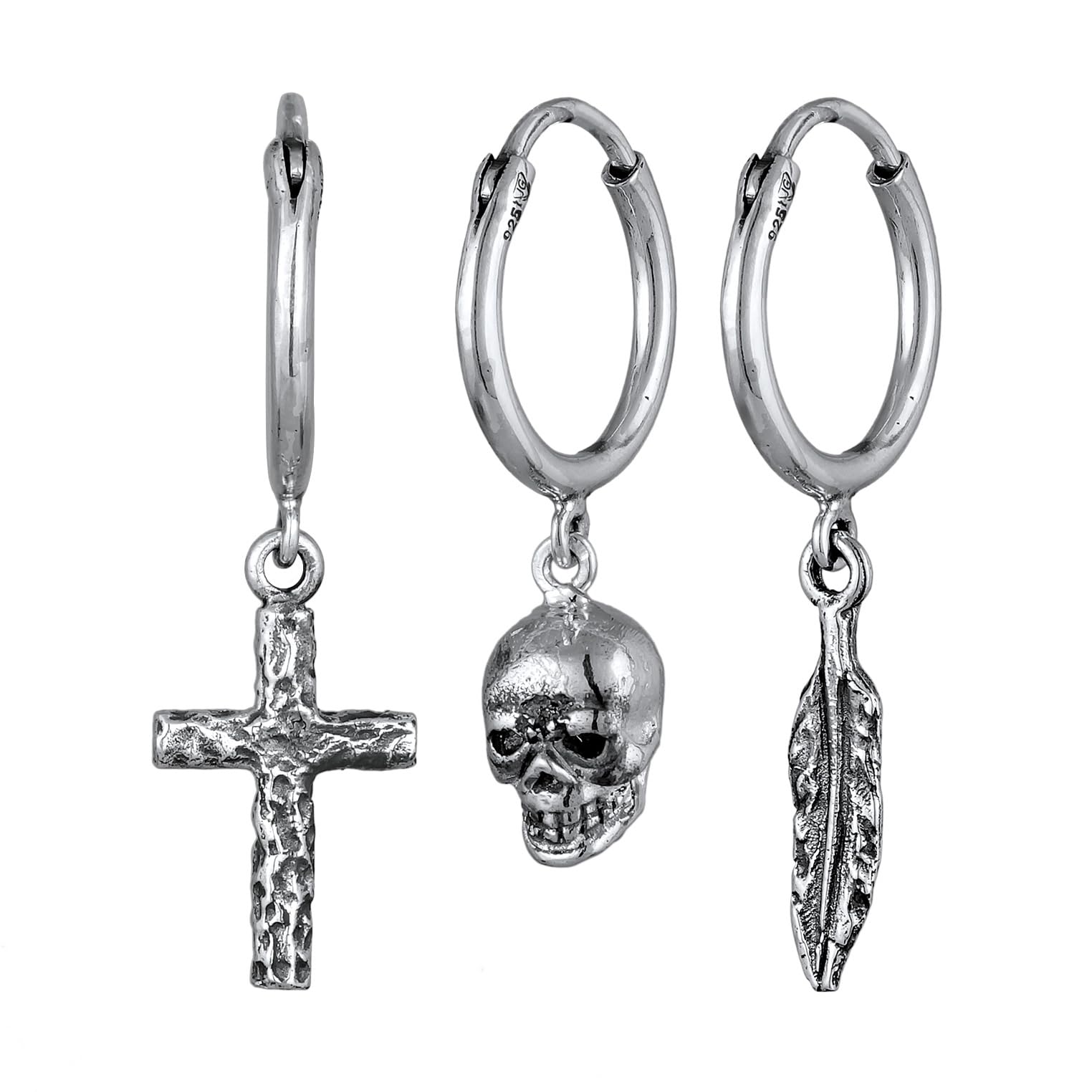 Kuzzoi Herren-Ohrringe Creolen Set (13 mm) oxidiert aus 925 Sterling Silber für Männer mit Kreuz, Totenkopf und Feder Anhänger
