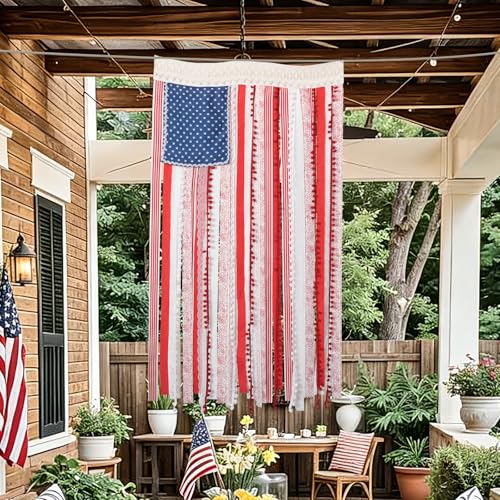 Image of 4th of July Decorations - Vintage American Flag 4 x 2.3 Ft Rustic Rag Ribbon Flag Banner - Patriotic Flag & Independence Day Decor for Home Mantel Party Vintage 4th of July Decorations for Outside Yard Porch
