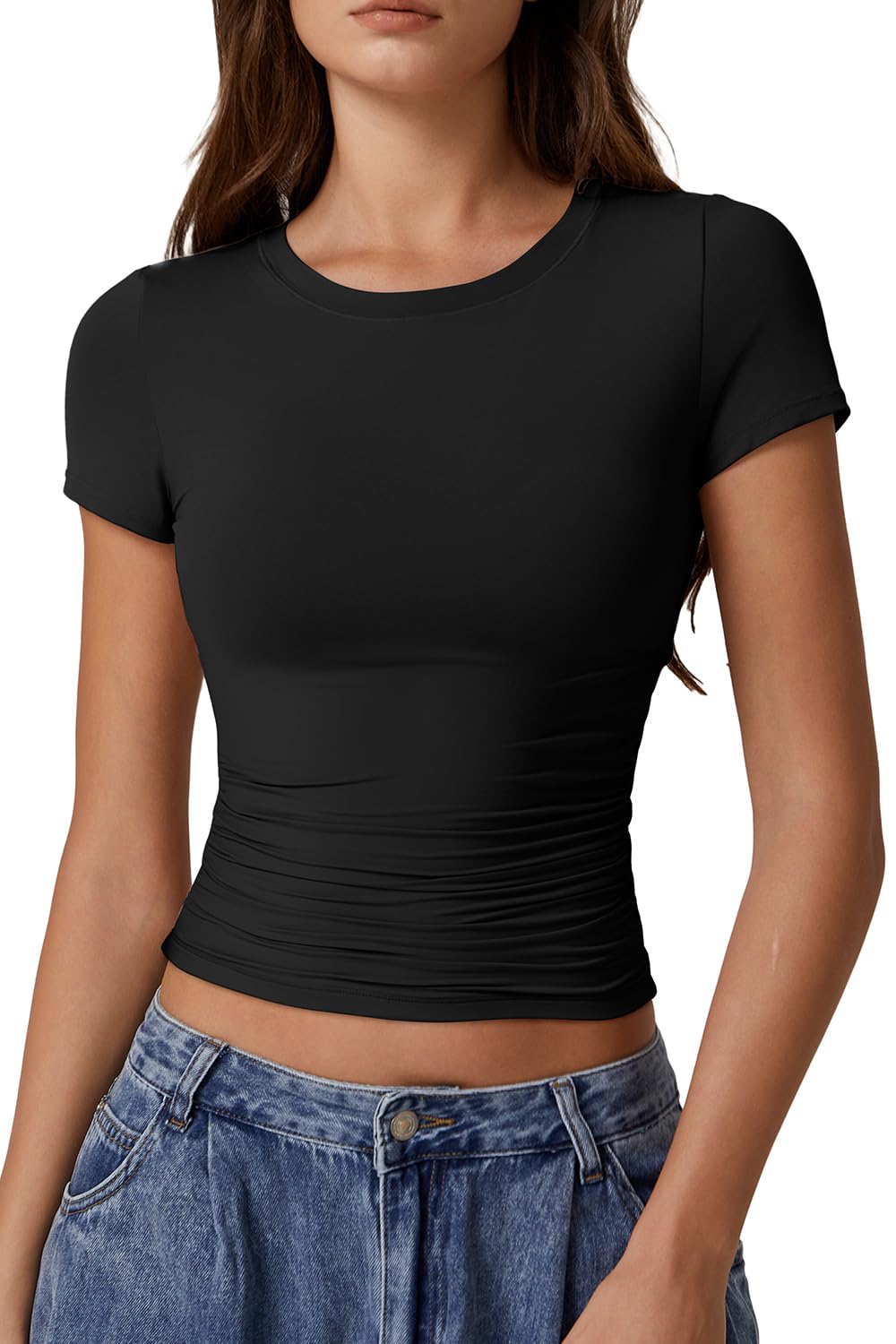 QINSEN Short Sleeve Shirts for Women Round Neck Basic Double Lined Tees Fitted Y2k Crop Tops