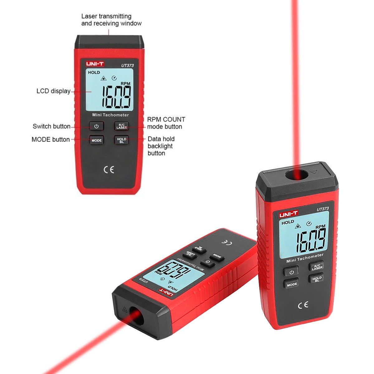 Tacómetro sin Contacto, UT373 Tacómetro Láser Digital LCD, Velocímetro RPM con Retroiluminación