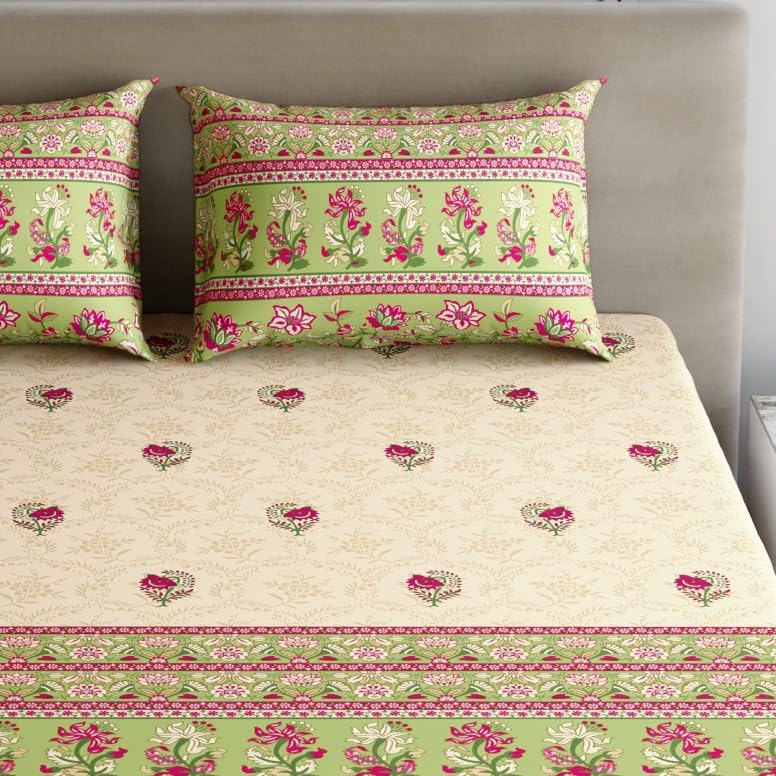 Image of Home Ecstasy 100% Cotton King Fitted Bedsheet with 2 Pillow Covers - (Size 72 x 78 inches, TC, Colour - Green)