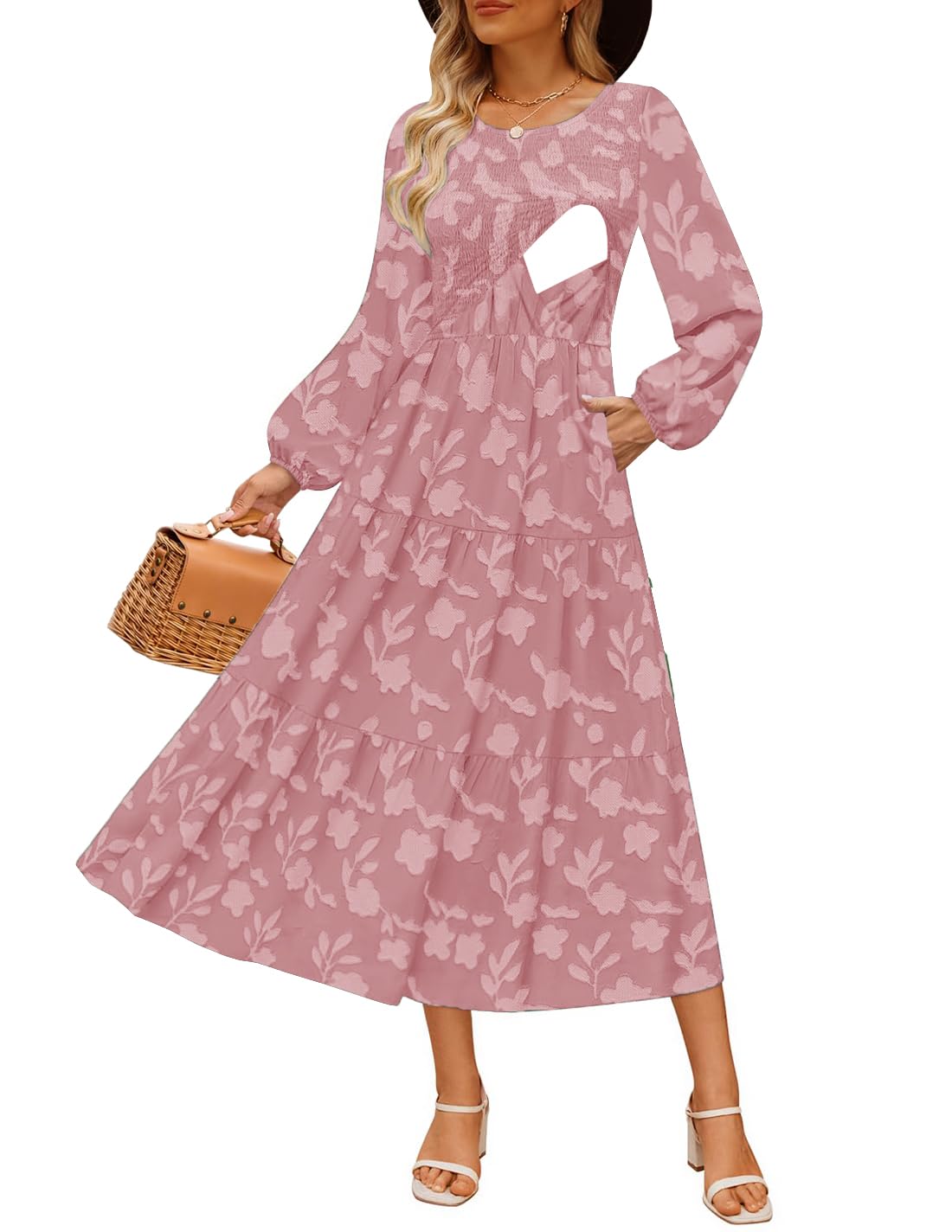 CzzzyL Women's Nursing Dresses Fall Boho Floral Maxi Dress Breastfeeding Long Sleeve Crewneck Wedding Guest with Pockets