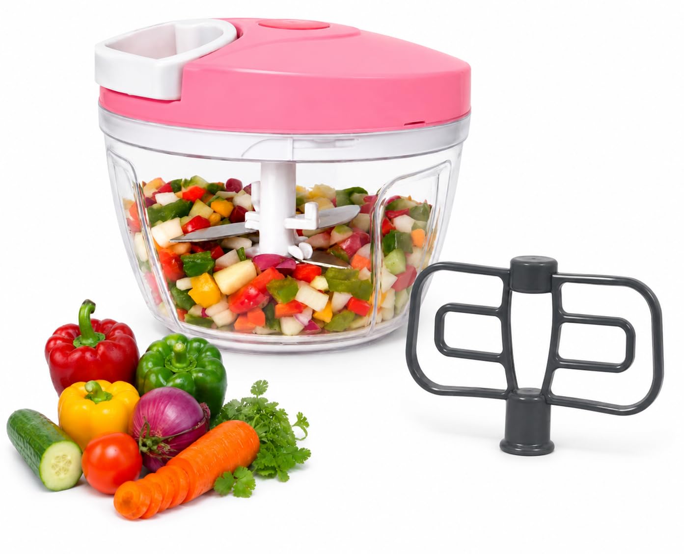 Manual Vegetable Chopper, 3 Stainless Steel Blades, Easy Pull Cord, Compact Cutter for Onion, Garlic,Dry Fruits, 500ml, Colors Pink-picture-31