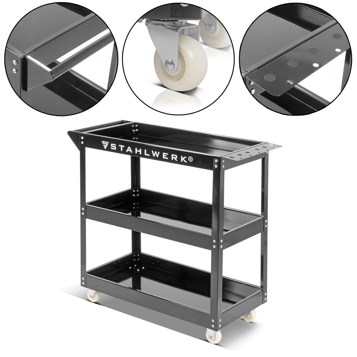 STAHLWERK Chariot à Outils Robuste - 3 Plateaux et Barre perforée, Capacité de Charge 200 kg, Idéal pour Atelier, Montage et Transport