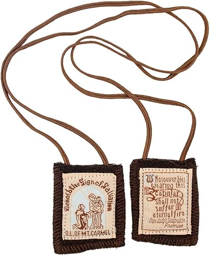 Venerare Figura Santa Católica Santo Escapulario | 100% Lana | Viene con papeles de inscripción (Escapulario marrón de lana sin crucifijo)