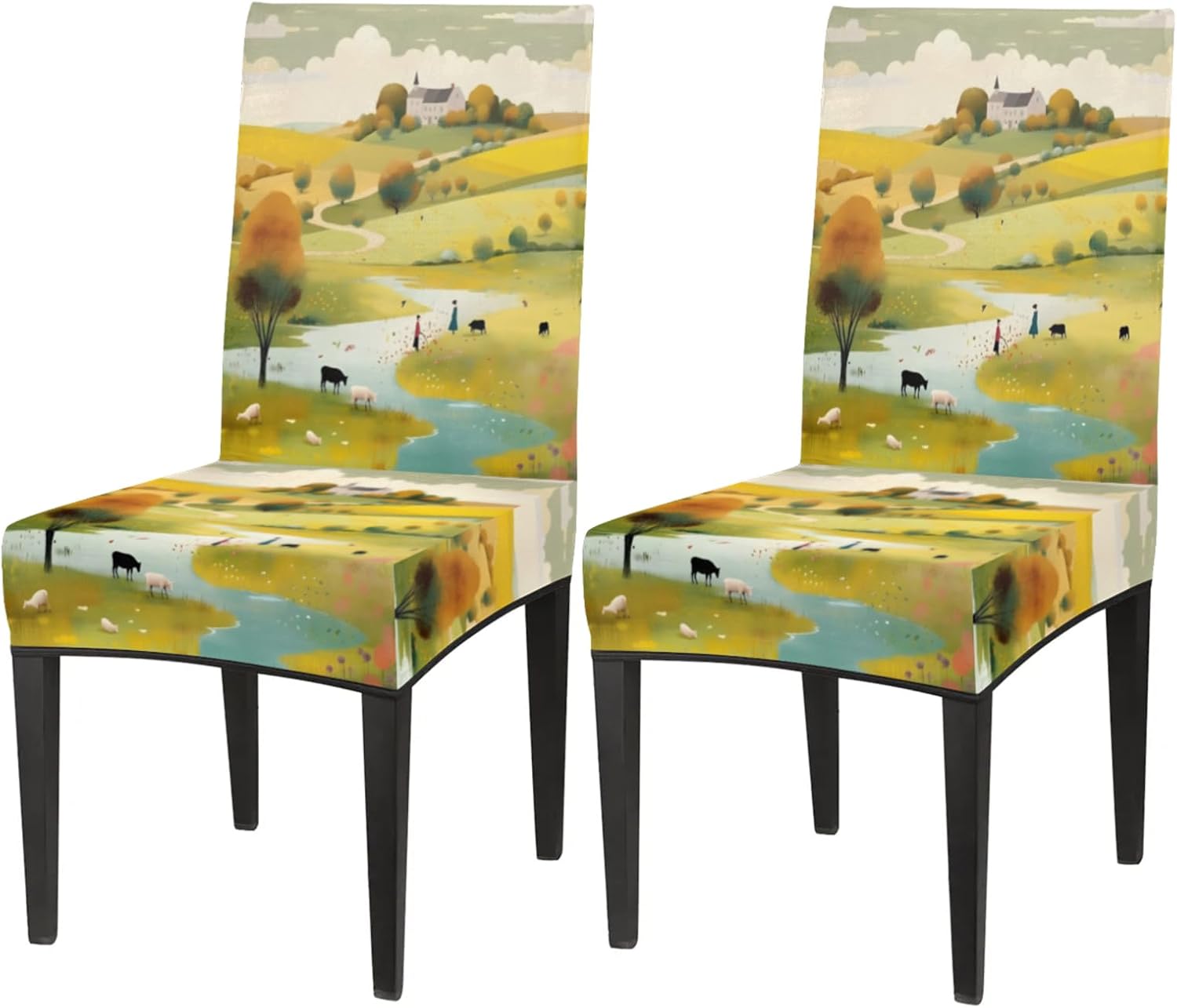 QsirBC Prairie Sheep Landscape Stretch Dining Room Chair Covers Set of 4 Chair Slipcovers Removable Washable Kitchen Seat Covers Chair Protectors for Hotel Party Wedding