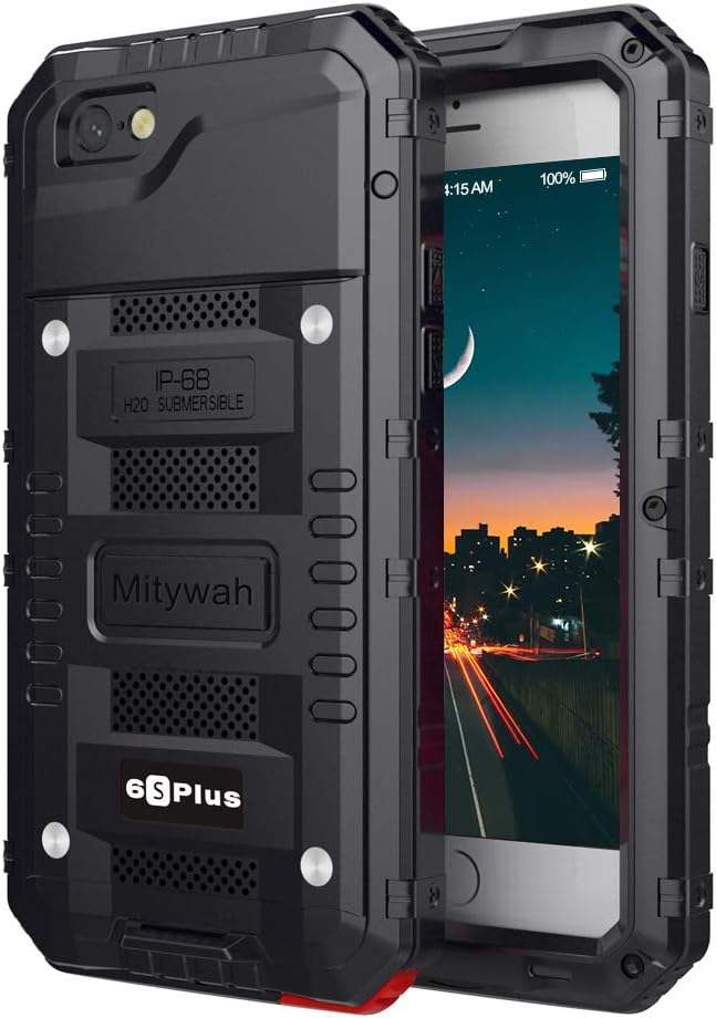 Mitywah Waterproof Case for iPhone 6 Plus, 6s Plus Heavy Duty Shockproof Case with Built-in Screen Protector, Full Body Underwater Protective Metal Case 5.5 inch, Black