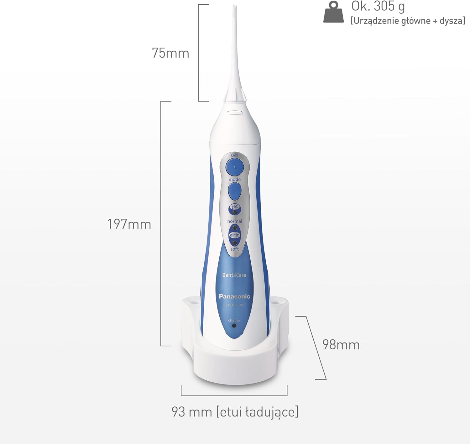 Dimensions of the Panasonic Dentacare EW1211W oral irrigator and its charging base.
