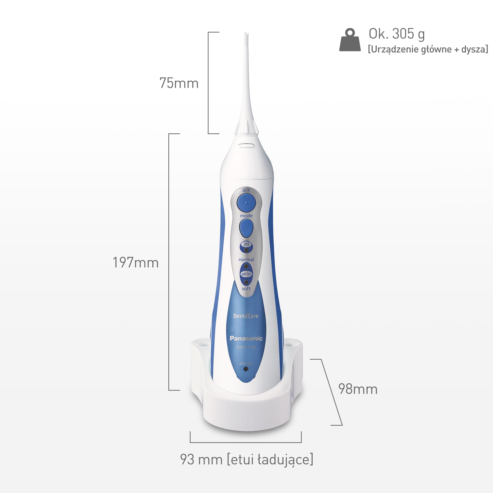 Panasonic EW1211W845 irygator z 2 trybami strumienia (dysza pompująca wodę i powietrze, 3 poziomy intensywności, zbiornik 130ml), biało-niebieski