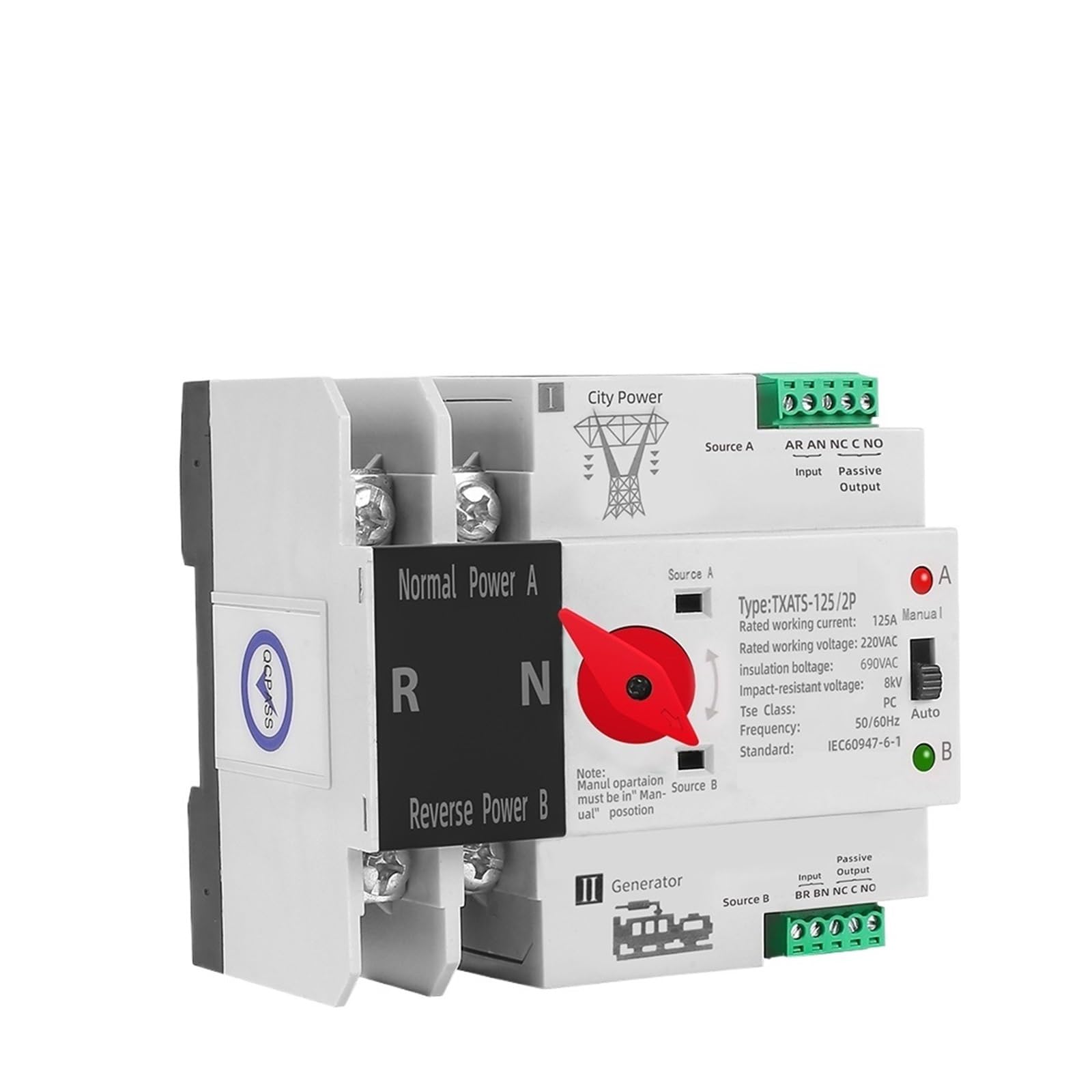 Controlador del conmutador de transferencia automá Carril Din 2P 3P 4P Doble potencia Selector de Interruptor de Transferencia Automática generador de energía ininterrumpida 63A 100A 125A(2P,100A)