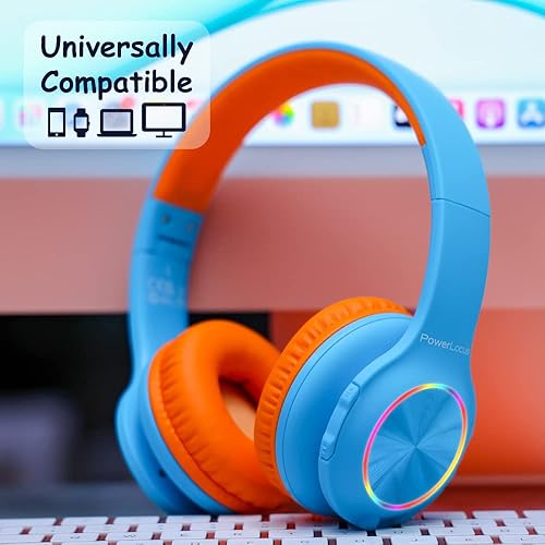 Miniatura 2 de PowerLocus Auriculares para niños, auriculares Bluetooth sobre la oreja para niños con luces LED, volumen limitado de 94 db, micro SDTF, plegables