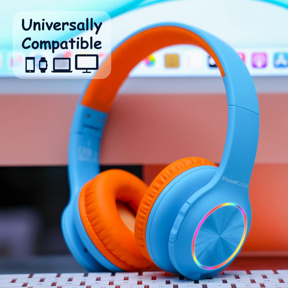 Cuffie per Bambini, PowerLocus Cuffie Bluetooth con Luce LED, Cuffie Senza Fili Pieghevoli con Microfono, Micro SD/TF, HD Stereo, 94DB Limitazione del Volume, Wireless e con Cavo,per Ragazzi e Ragazze