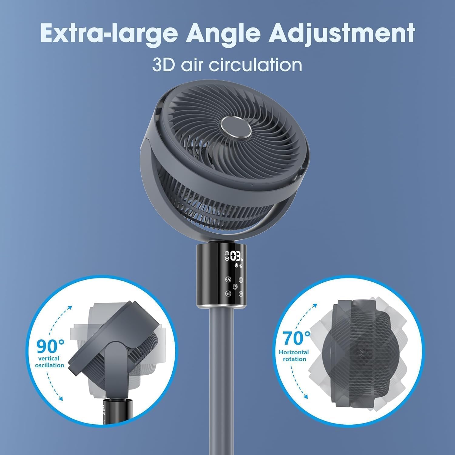 Quiet Standing Oscillating Fan - 100ft Airflow, 70°+90° Swing, Adjustable Height Pedestal Floor Fan with AC Motor