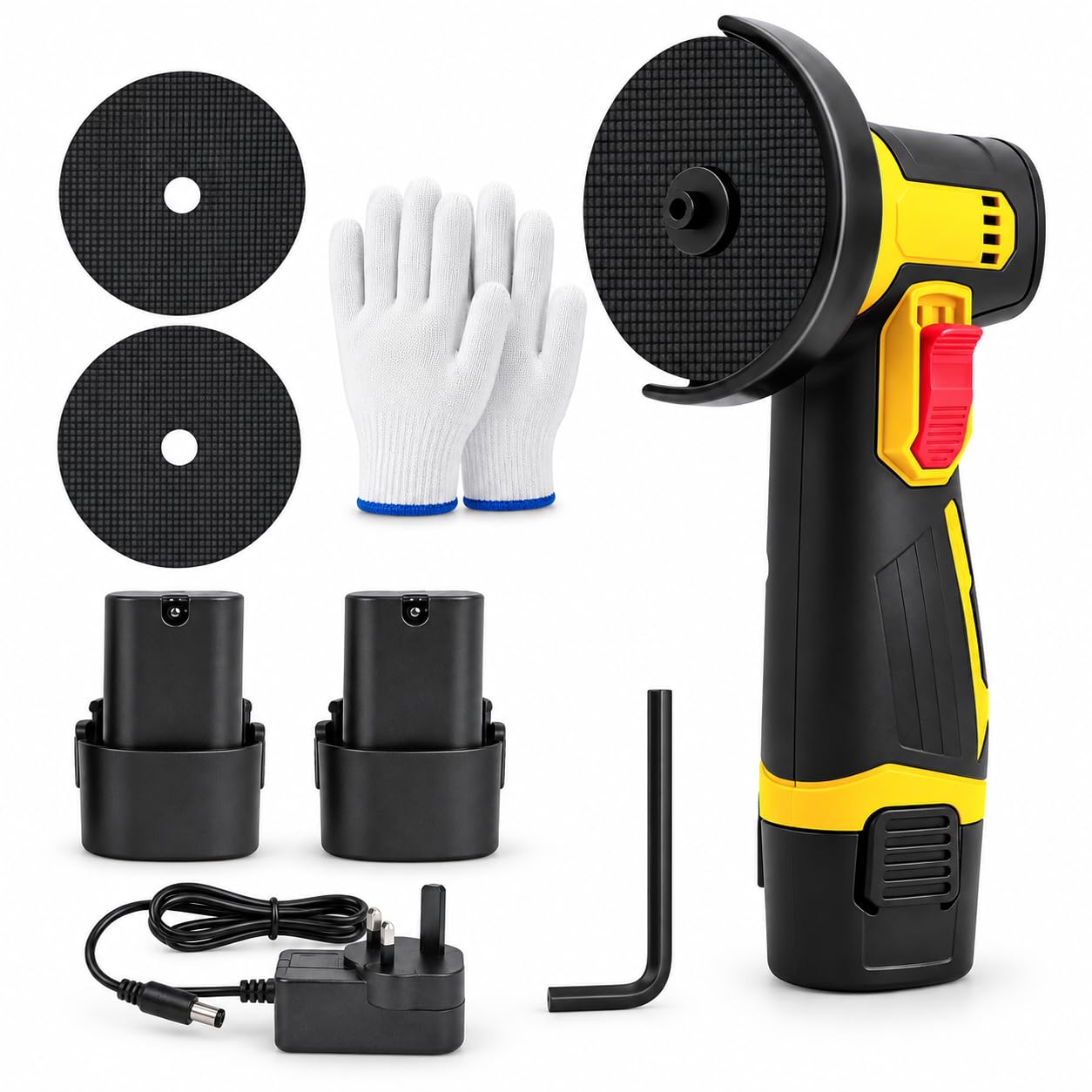 12V Cordless Angle Grinder, Brushless Mini Battery Powered Grinder & Cutter, 76mm 100W Rotary Cutting Grinding Tool with 2 x 2Ah Batteries, Charger & Disc,Yellow
