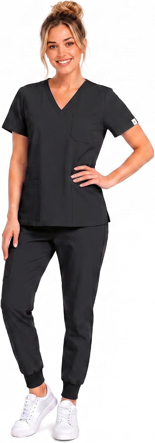 SUNME Scrubs for Women Set, V Neck Top & Jogger Pants with 9 Pockets