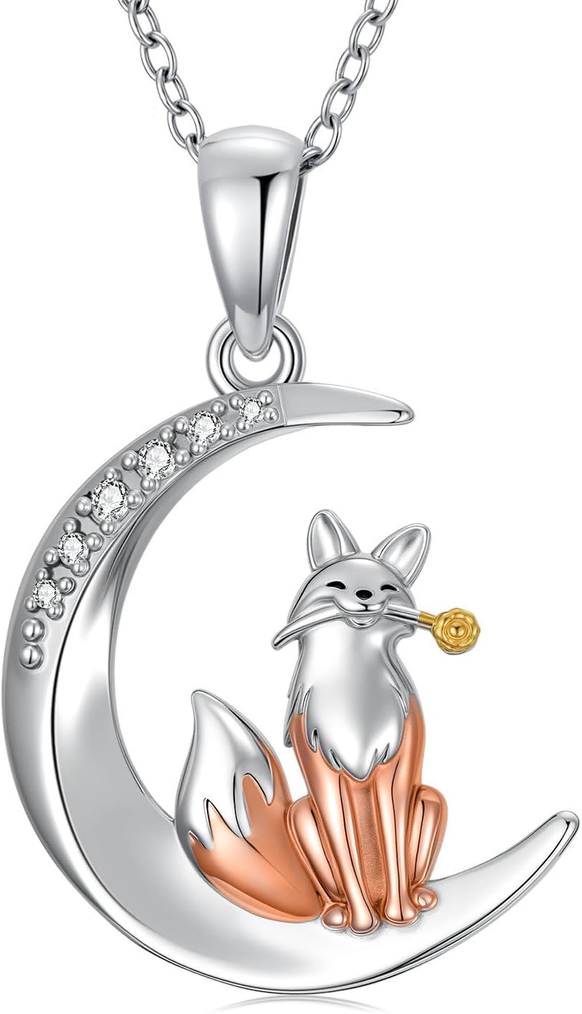 Diamond Fox Necklace for Women 925 Sterling Silver Moon Fox Pendant Neckalce Celestial Animal Jewelry, Whimsical Gift for Women & Nature Lovers