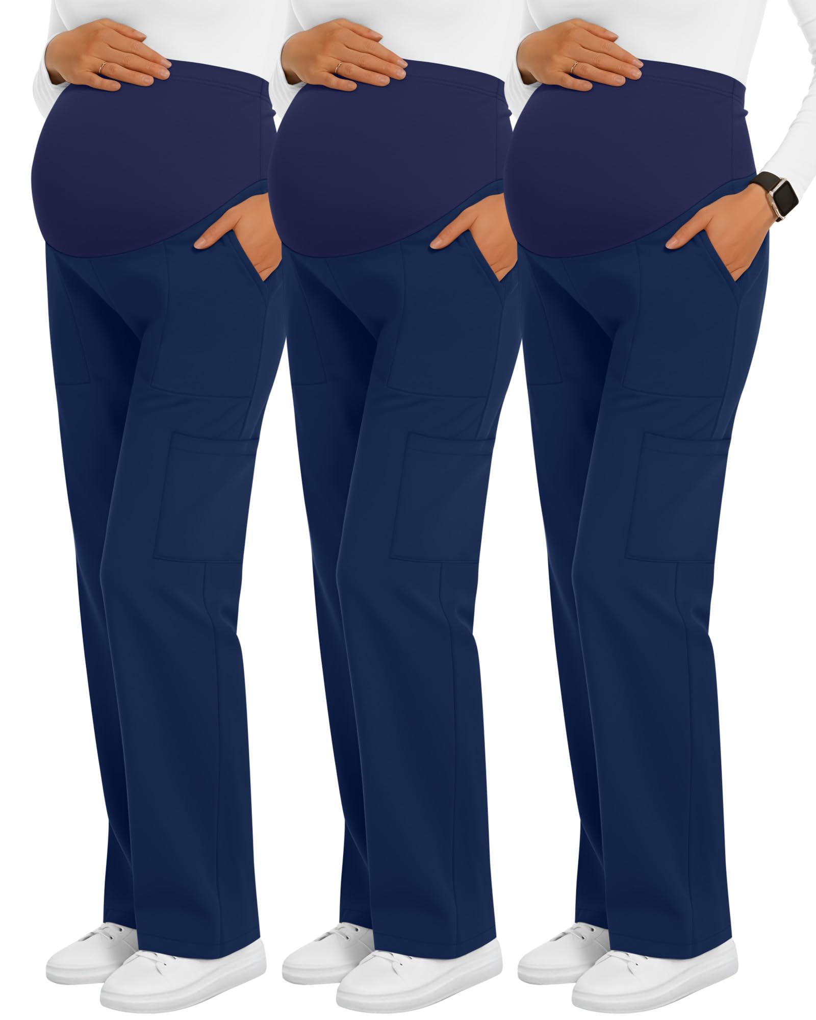 3 Pack Womens Maternity Scrub Pants 6 Pockets Cargo Pants Stretchy Comfy Workwear Straight Leg Pregnancy Pants Navy