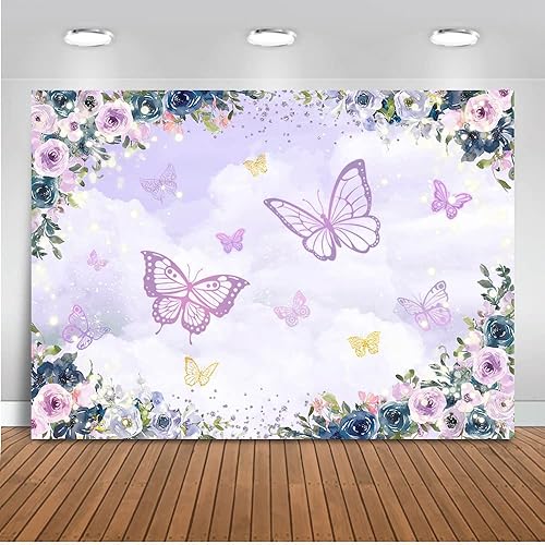 Mocsicka Telón de fondo de mariposa violeta con diseño floral para niña, decoración de fiesta de mariposa, boda, cumpleaños, mariposa, baby shower,