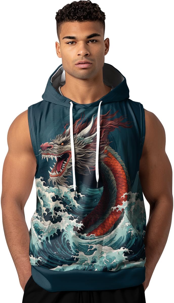 Dragon Sleeveless Hoodies for Men Training Gym Workout Hooded Tank Top Bodybuilding Fitness Hoodie
