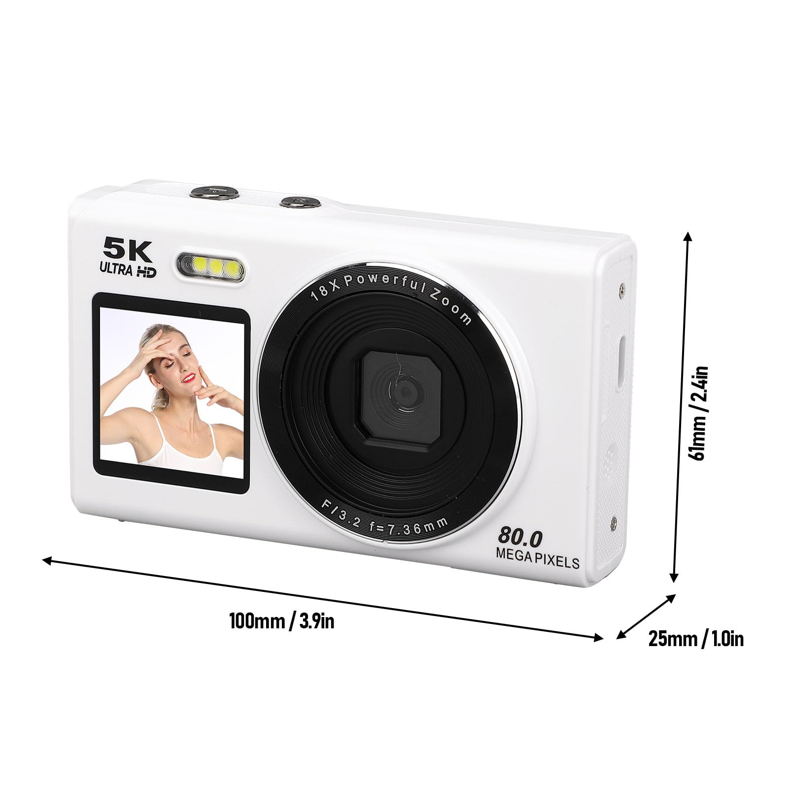 Generic Aparat Cyfrowy WiFi, 18 -krotny Zoom 5K 80MP Flash Cyfrowa Kamera Cyfrowa do Transmisji na żywo (WHITE)