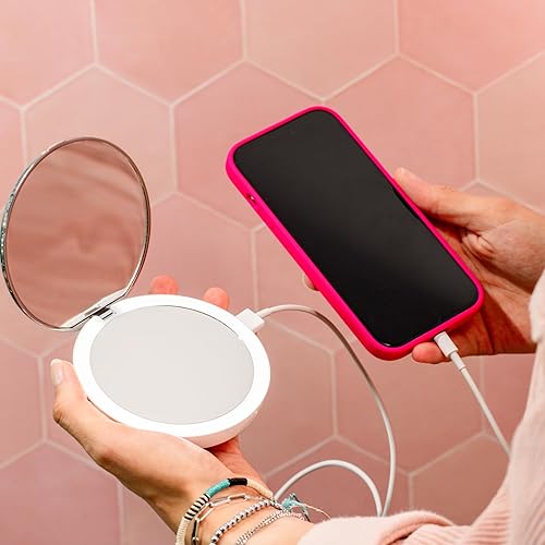 Miniatura 7 de stylPro Flip N Charge Power Bank - Espejo compacto con luz LED, espejo de aumento de bolsillo de mano, maquillaje y peinado de viaje, cargador USB 2