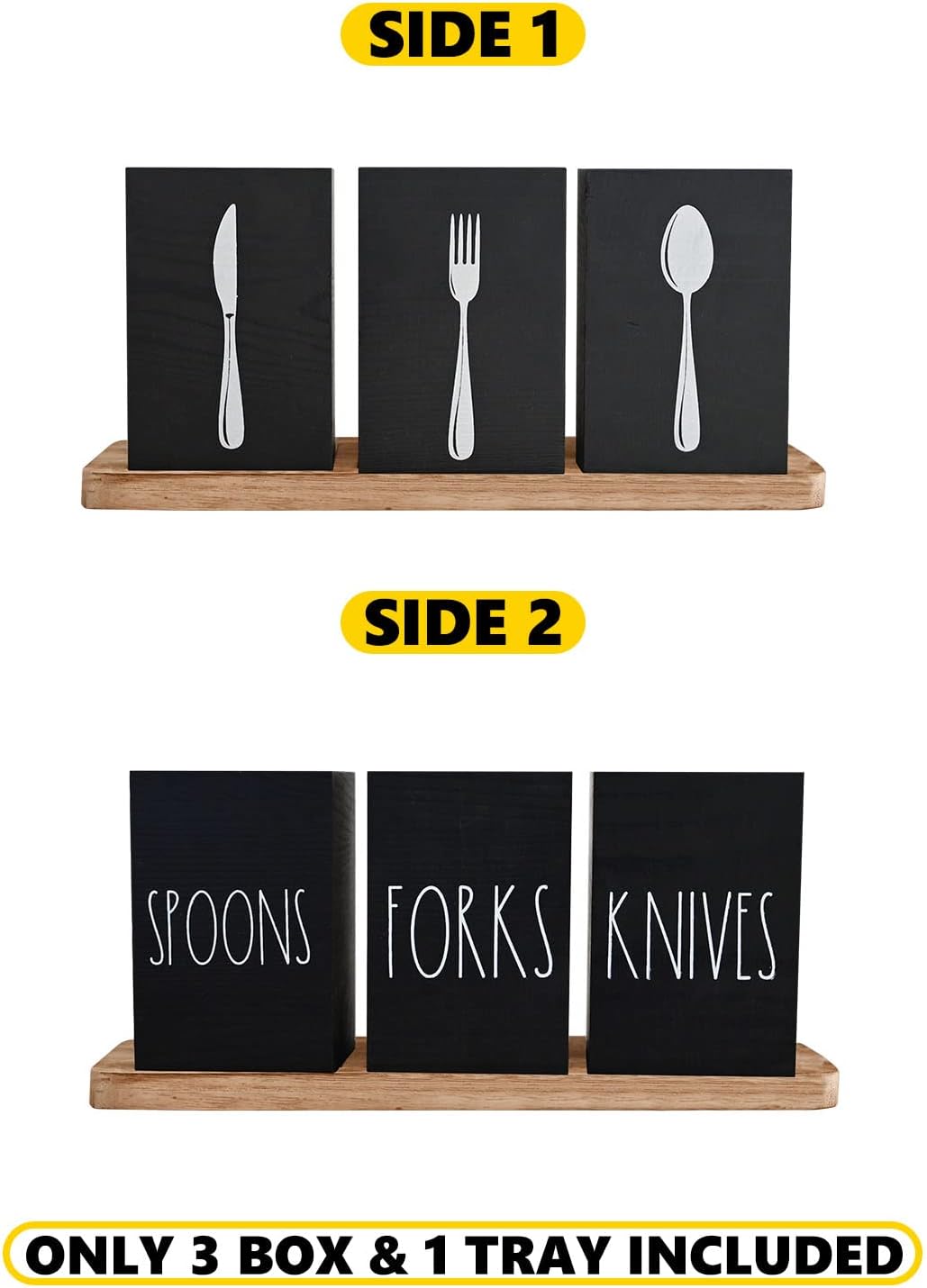 CHONIC Farmhouse Silverware Holder, Rustic Wood Silverware Caddy with Tray, Spoon Fork Knives Flatware Dispenser, Utensil Countertop Organizer, Plastic Cutlery Holder for Kitchen Party (Black)