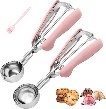 Cookie Scoops for Baking Set of 2, Pink Handle 18/8 Stainless Steel Ice Cream Scoop Set with Ergonomic Soft Grip, Spring Trigger Release Cookie Dough Scooper for Cupcakes, Muffins, Meatballs, Melon