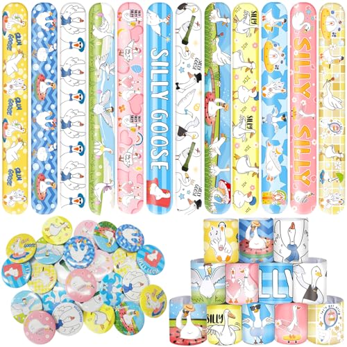 JIUJIUBER 48 PCS Silly Goose Party Favors, 24 PCS Funny Silly Goose Slap Bracelets Wristbands 24 PCS Silly Goose Badges Pins Silly Goose Birthday Party Decorations Supplies for Classroom Rewards