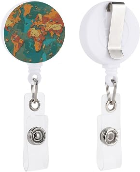 Rust World Map Retractable Badge Reel - Personalized ID Name Badge Holder with Lanyard Cute Badges Reel Holder Round Nurse Doctor Name Tag Badges Clip for Work