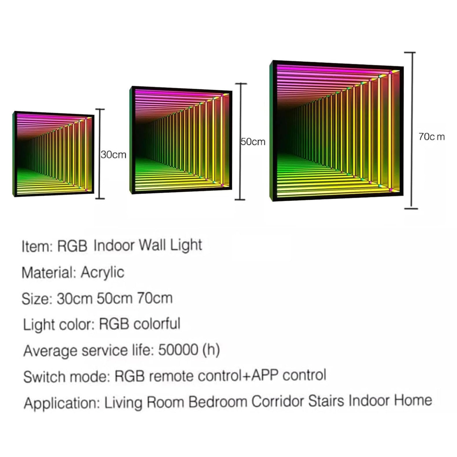 Jednostronna lampa tunelowa z lustrem nieskończoności, lampka nocna LED 3D, aplikacja i pilot zdalnego sterowania, oświetlenie sensoryczne do domu, biurka, salonu, na imprezę, 50 cm