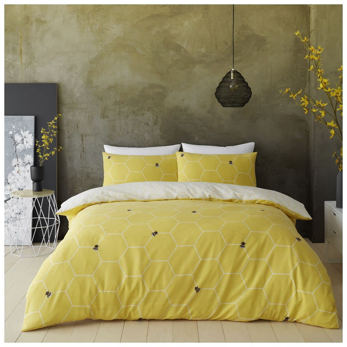 GC GAVENO CAVAILIA Luxury Honey Bee Duvet Cover, Geometric Printed Reversible Single Quilt Set, Bumble Bees Bedding, Ochre