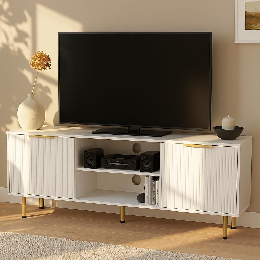 TV Stand for TVs up to 65 Inch,TV Stands for Living Room & Bedroom,Mid Century Modern TV Console,Entertainment Center with Storage,Media Entertainment Stand (58" White Tv Stand for 65" Tvs B)