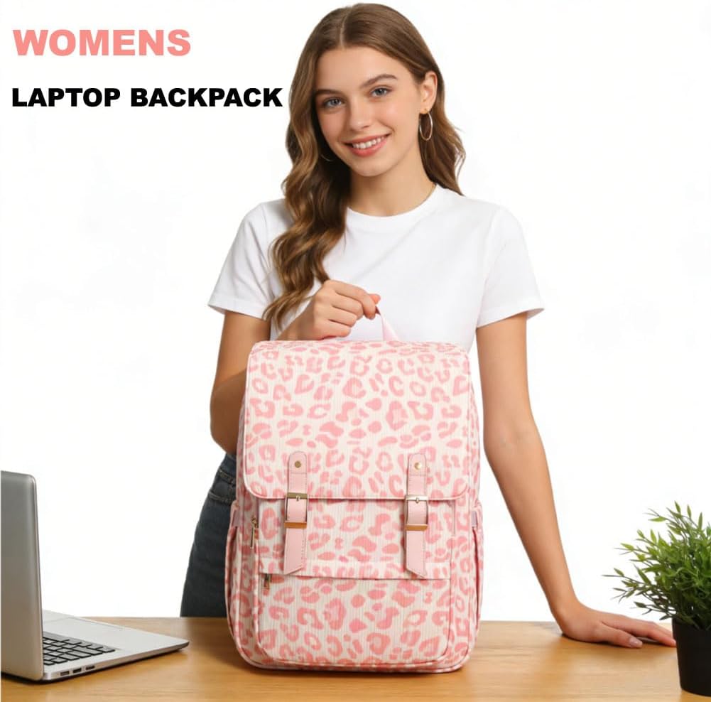 Women Laptop Backpack, Corduroy 15.6" Travel Backpack for Work College Business, Teacher Nurse Bag with Large Capacity School Bookbag Bags for Girls - Leopard Pink