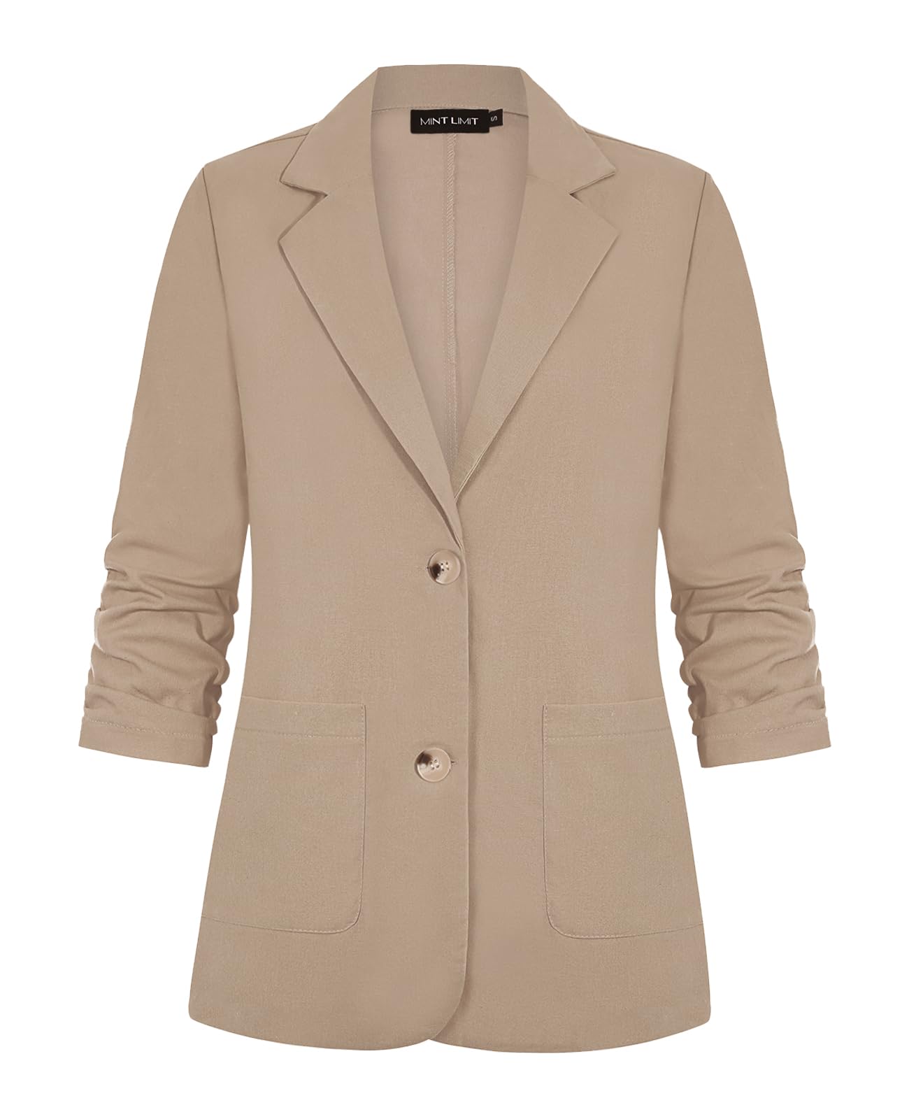 Blazer de lino y algodón con manga 3/4 fruncida para mujer, ligera, para verano, elegante, con botones y bolsillos