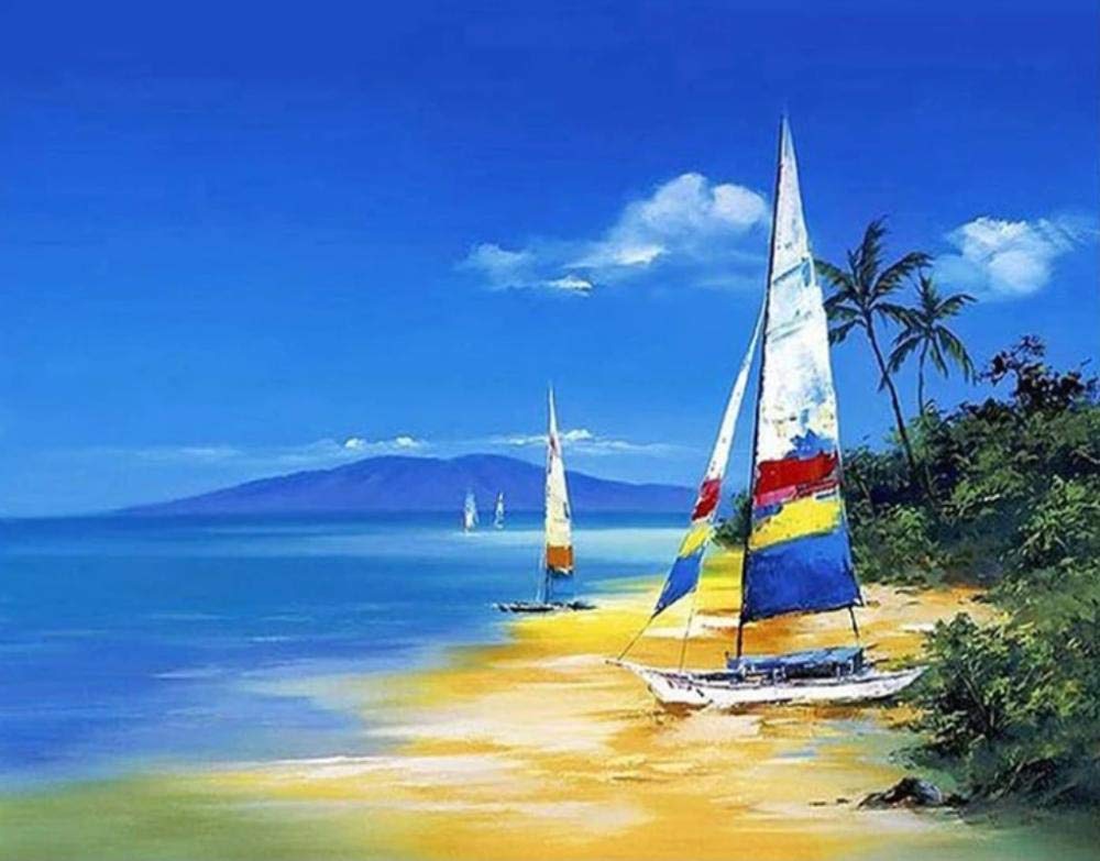 Peinture par numéros voilier sur toile kit loisirs créatifs adulte et tableau mural plage